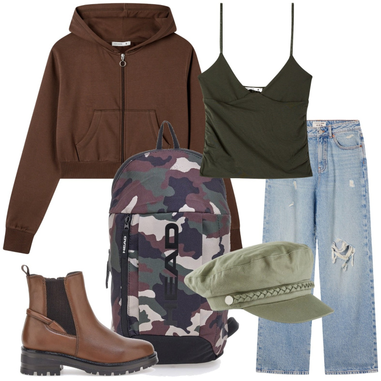 Outfit donna - Mimetica style. Stile Minimal per Scuola/Università. Abbinamento con cappelli, canottiere, felpe con cappuccio, jeans strappati, stivaletti chelsea, zaini.
