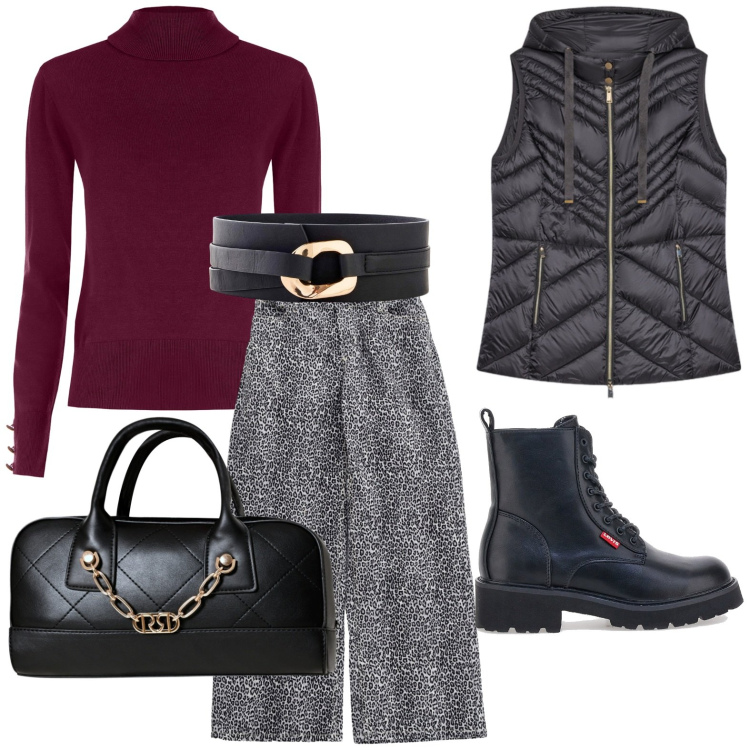 Outfit donna - Primi freddi. Stile Minimal per Ufficio. Abbinamento con cinture, borse a mano, maglieria, pantaloni, anfibi, piumini.