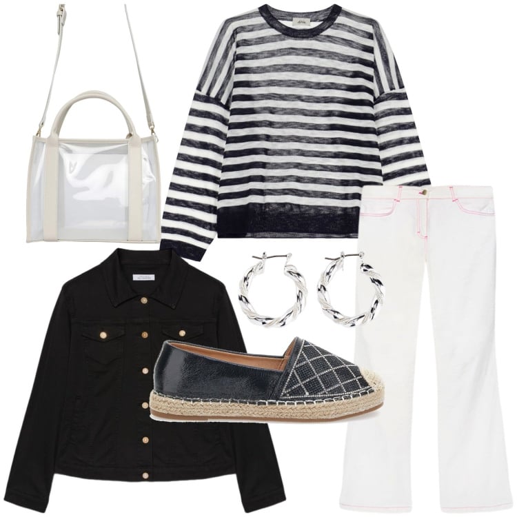 Outfit donna - Il tormentone delle righe. Stile Minimal per Tutti i giorni. Abbinamento con orecchini, borse tote, maglieria, espadrillas, pantaloni, blazer.