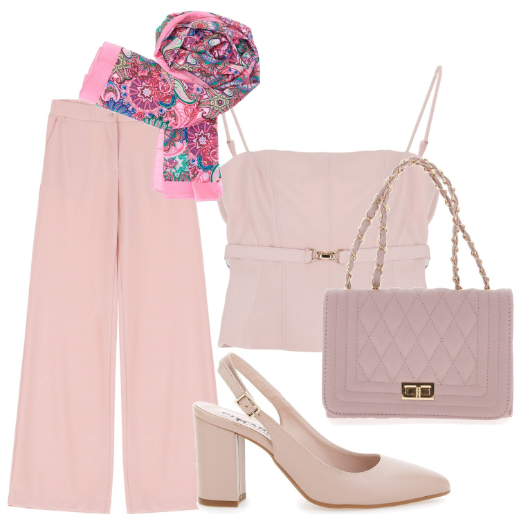 Outfit donna - In rosa please. Stile Romantica per Tutti i giorni. Abbinamento con top, pantaloni, décolleté, borse a tracolla, foulard.