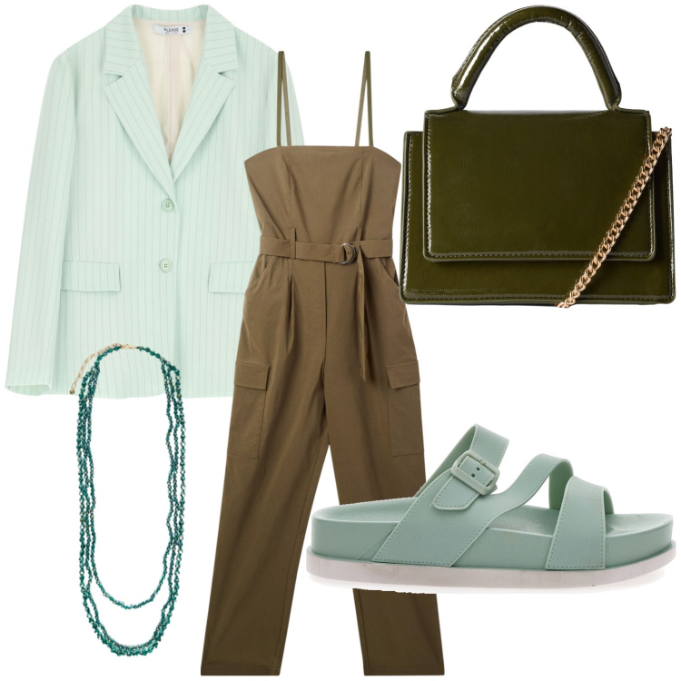 Outfit donna - La tuta versatile. Stile Urban per Tutti i giorni. Abbinamento con tute, borse a tracolla, blazer, ciabatte, collane.