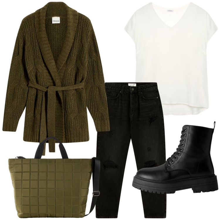 Outfit donna - Basica. Stile Minimal per Tutti i giorni. Abbinamento con shopping bag, cardigans, anfibi, jeans mom, bluse.