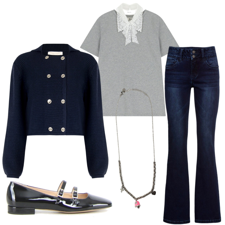 Outfit donna - Il giubbino leggero. Stile Casual chic per Ufficio. Abbinamento con jeans bootcut, blazer, ciondoli, t-shirt, ballerine.
