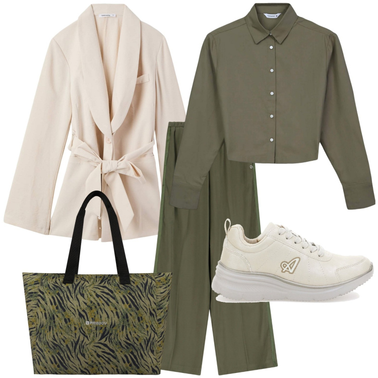 Outfit donna - I pantaloni fluidi. Stile Casual per Tutti i giorni. Abbinamento con blazer, camicie, pantaloni, shopping bag, sneakers.