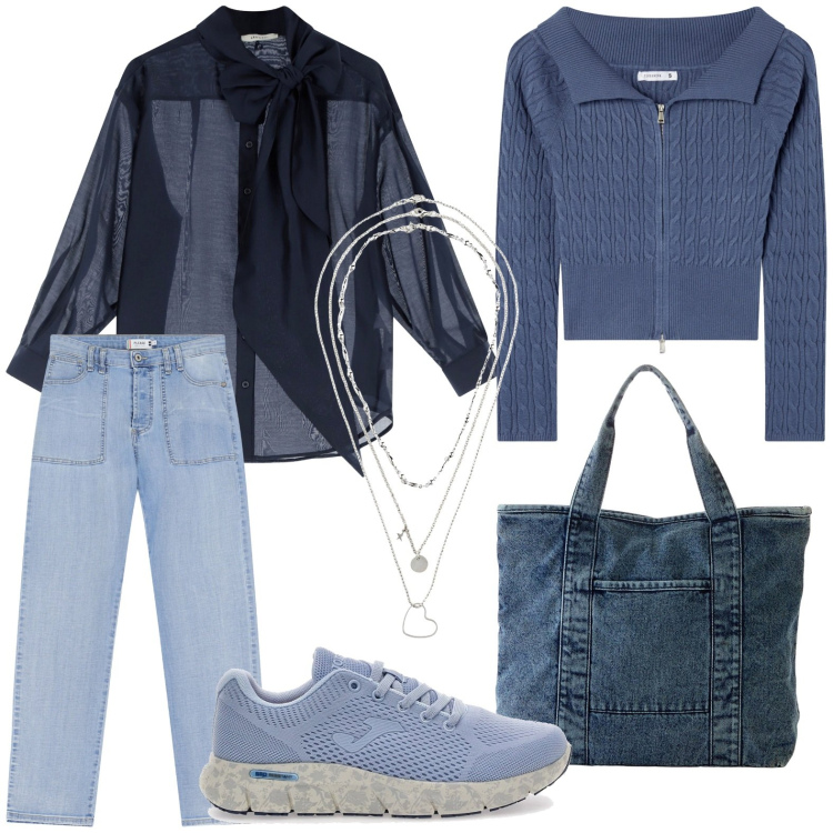 Outfit donna - Comfort in blu. Stile Casual per Scuola/Università. Abbinamento con collane, shopping bag, cardigans, jeans dritti, camicie, sneakers.