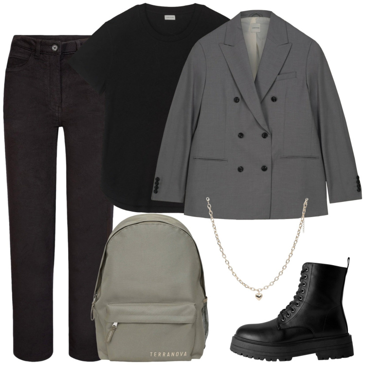 Outfit donna - Blazer mania. Stile Military per Scuola/Università. Abbinamento con anfibi, zaini, collane, blazer, pantaloni, t-shirt.
