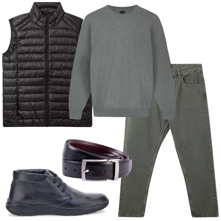 Outfit uomo - Strati con gilet trapuntato. Stile Urban per Tutti i giorni. Abbinamento con pantaloni, piumini, cinture, maglieria, scarpe stringate.