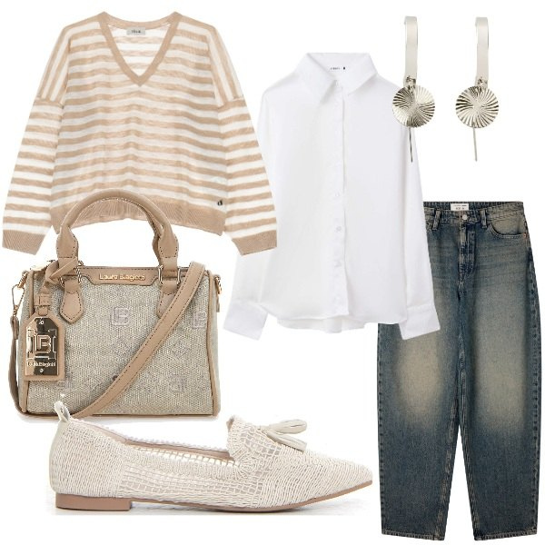 Outfit donna - Una ballerina in ufficio. Stile Casual chic per Ufficio. Abbinamento con orecchini, camicie, jeans, maglieria, ballerine, borse a tracolla.