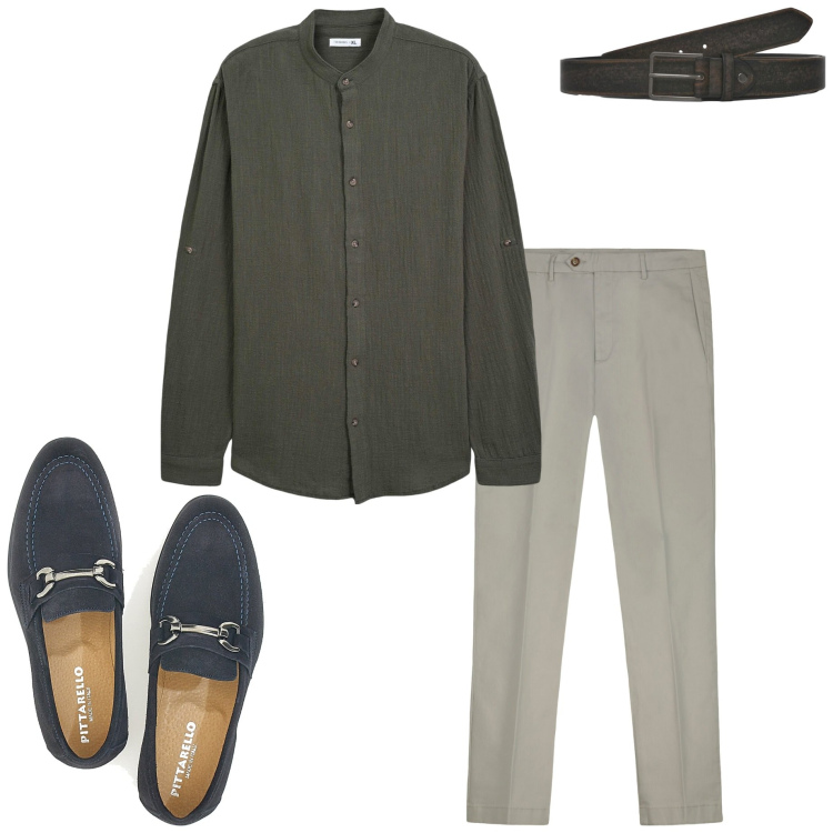 Outfit uomo - In ufficio a settembre. Stile Urban per Ufficio. Abbinamento con camicie, cinture, scarpe stringate, pantaloni chino.