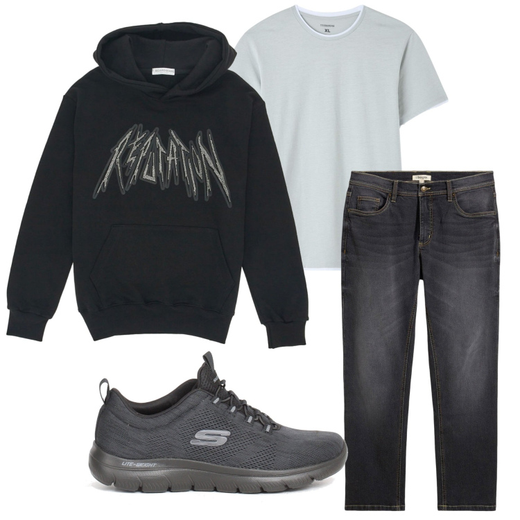 Outfit uomo - Casual a settembre. Stile Casual per Tutti i giorni. Abbinamento con jeans dritti, t-shirt, felpe con cappuccio, sneakers.