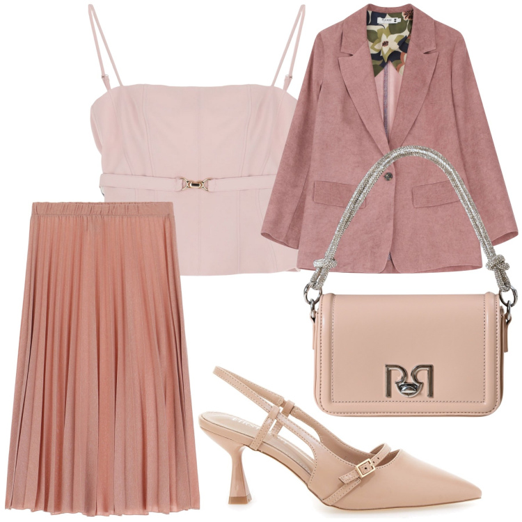 Outfit donna - Roseo settembre. Stile Bon Ton per Ufficio. Abbinamento con borse a mano, blazer, top, gonne, décolleté.