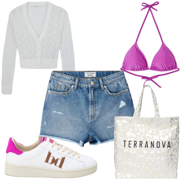 Outfit donna - Vado in ferie a settembre : low cost. Stile Trendy per Mare. Abbinamento con cardigans, shorts, bikini, borse tote, sneakers.