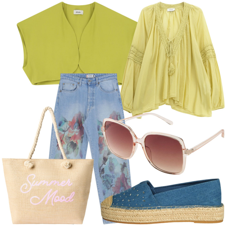 Outfit donna - Boho fluo. Stile Boho per Tutti i giorni. Abbinamento con occhiali da sole, espadrillas, borse tote, jeans dritti, camicie, gilet.