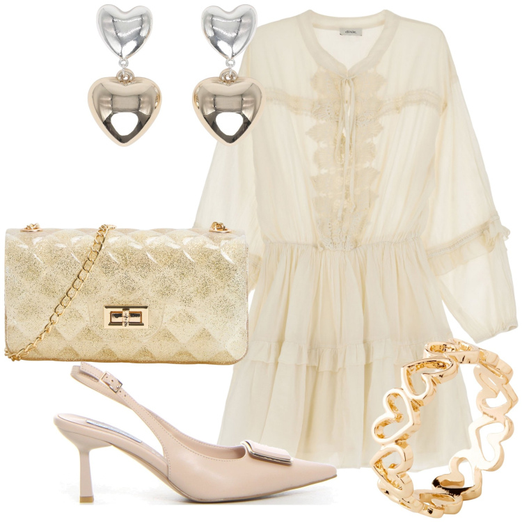 Outfit donna - Romantica damigella. Stile Romantica per Cerimonia. Abbinamento con anelli, borse a tracolla, orecchini, vestiti corti, décolleté.