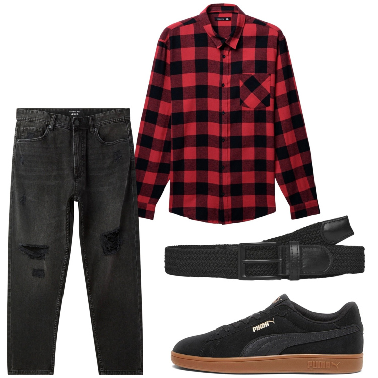 Outfit uomo - Camicia a quadri. Stile Casual per Tutti i giorni. Abbinamento con jeans strappati, cinture, camicie, sneakers.