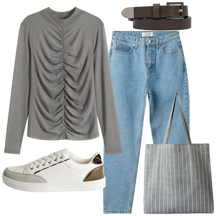 Outfit donna - Minimal chic autunnale. Stile Casual per Tutti i giorni. Abbinamento con maglieria, jeans mom, sneakers, shopping bag, cinture.