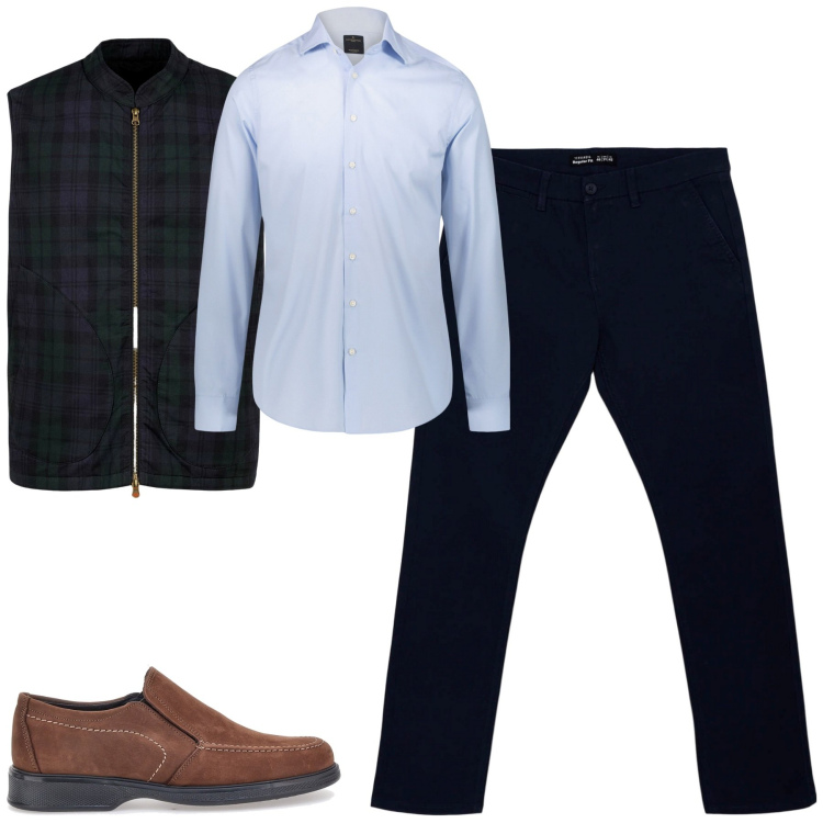 Outfit uomo - Settembre. Stile Urban per Tutti i giorni. Abbinamento con pantaloni chino, camicie, piumini, scarpe stringate.