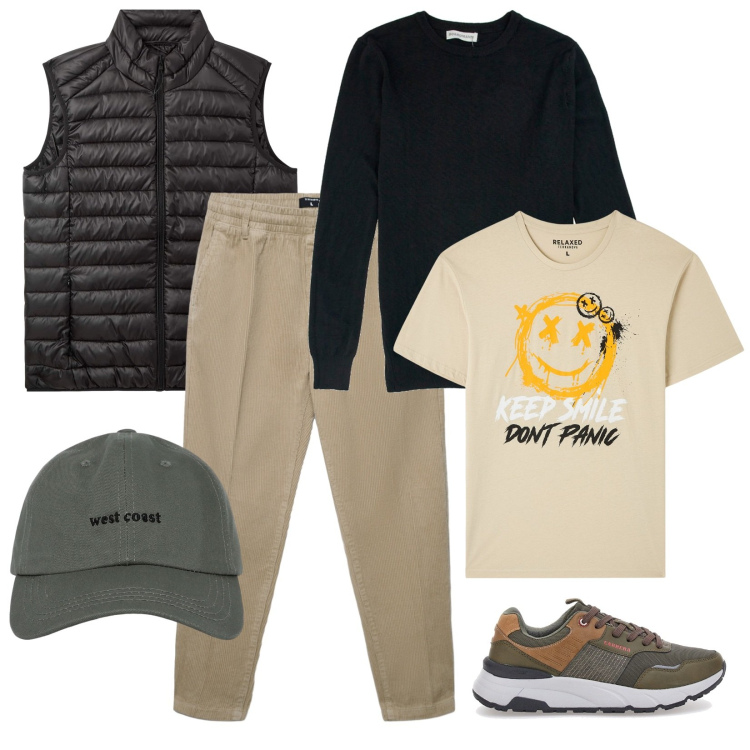 Outfit uomo - Sportivo e versatile. Stile Casual per Tutti i giorni. Abbinamento con t-shirt, piumini, pantaloni, cappelli con visiera, pullovers, sneakers.