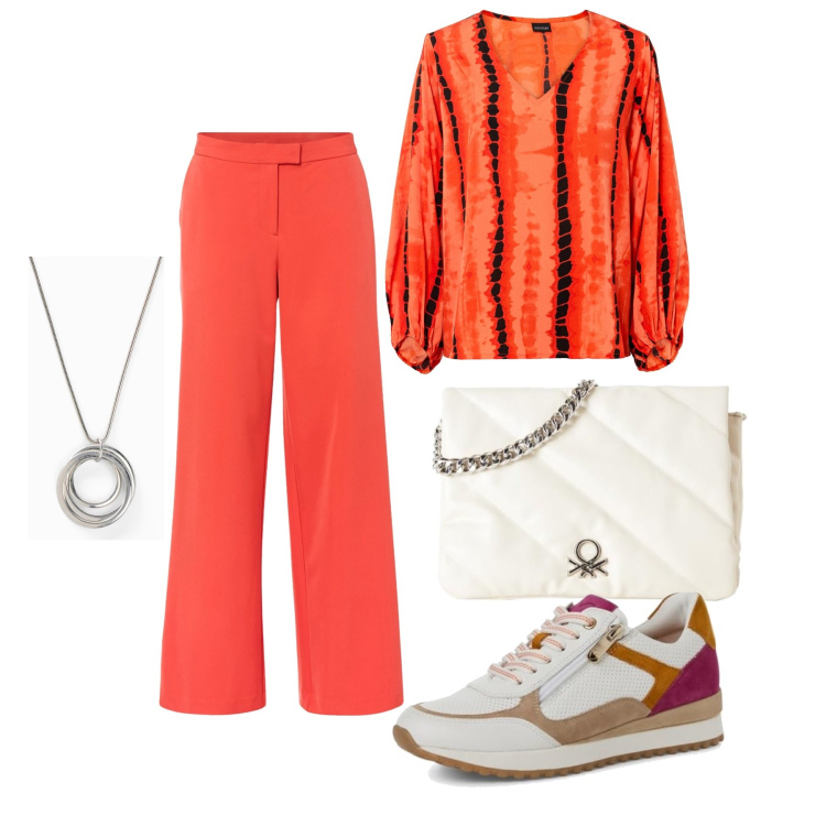 Outfit femme - Septembre. Style Casual chic pour Tous les jours. Assortir avec tuniques, colliers, pantalon , sneakers, sacs besace.