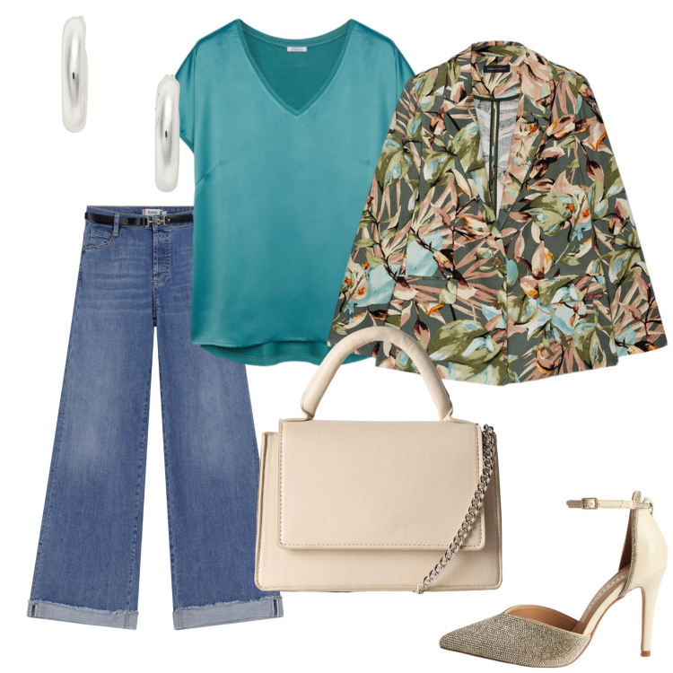Outfit donna - Colazione al mio bar preferito. Stile Casual chic per Ufficio. Abbinamento con décolleté, borse a tracolla, jeans, orecchini, bluse, blazer.