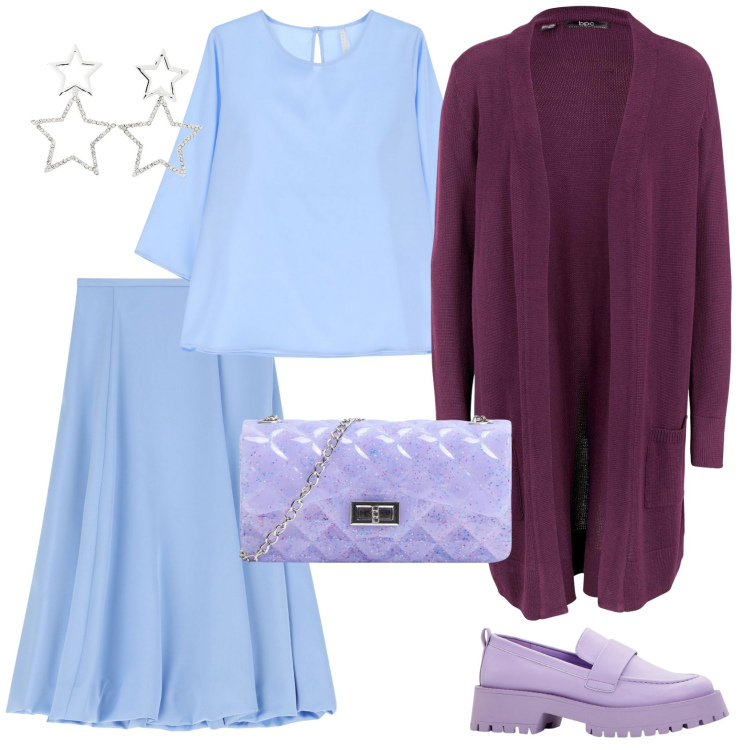 Outfit donna - Total look #2240217. Stile Casual chic per Ufficio. Abbinamento con cardigans, mocassini, borse a tracolla, orecchini, gonne longuette, bluse.