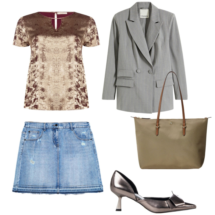 Outfit donna - Total look #2240226. Stile Casual chic per Tutti i giorni. Abbinamento con blazer, décolleté, bluse, borse tote, minigonne.