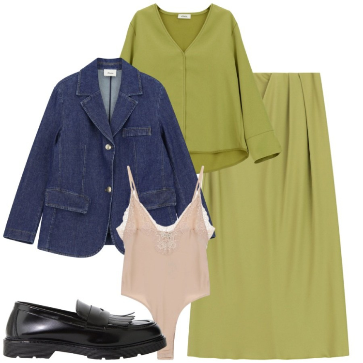 Outfit donna - Blazer season in denim. Stile Trendy per Tutti i giorni. Abbinamento con body, mocassini, camicie, blazer, gonne lunghe.
