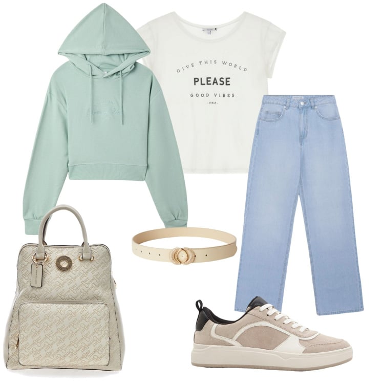 Outfit donna - Come richiesto. Stile Casual per Scuola/Università. Abbinamento con sneakers, felpe con cappuccio, jeans, cinture, t-shirt, zaini.