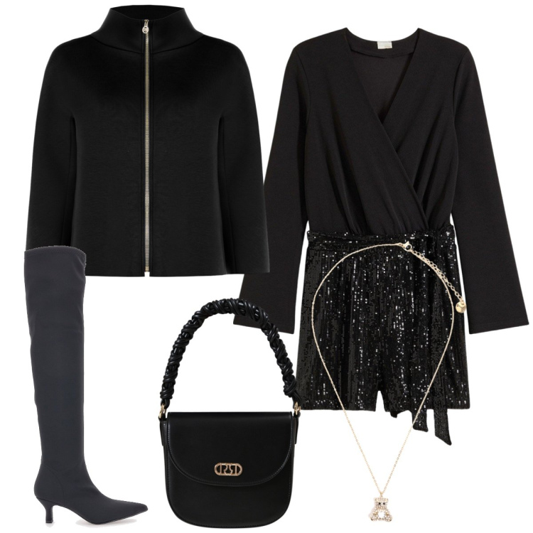 Outfit donna - Serata fuori. Stile Rock per Serata fuori. Abbinamento con tute, cappe, borse a mano, ciondoli, stivali.