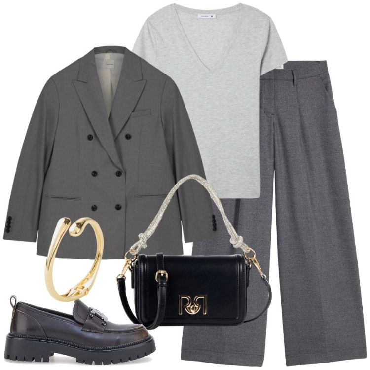 Outfit donna - Blazer Season. Stile Trendy per Ufficio. Abbinamento con braccialetti, pantaloni, t-shirt, borse a mano, blazer, mocassini.