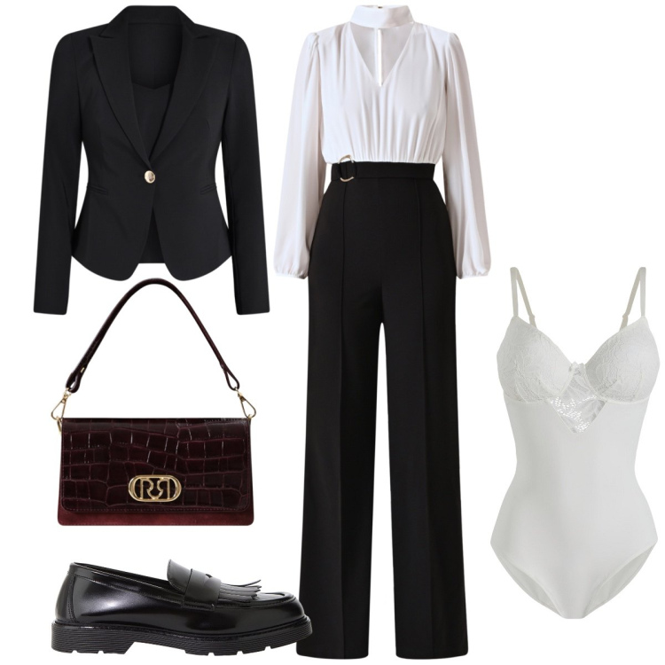 Outfit donna - Ufficio. Stile Chic per Ufficio. Abbinamento con body, tute, blazer, borse a mano, mocassini.