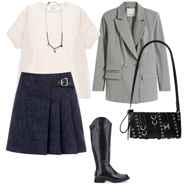 Outfit donna - Blazer season. per Scuola/Università. Abbinamento con blazer, minigonne, borse a spalla, ciondoli, maglieria, stivali.