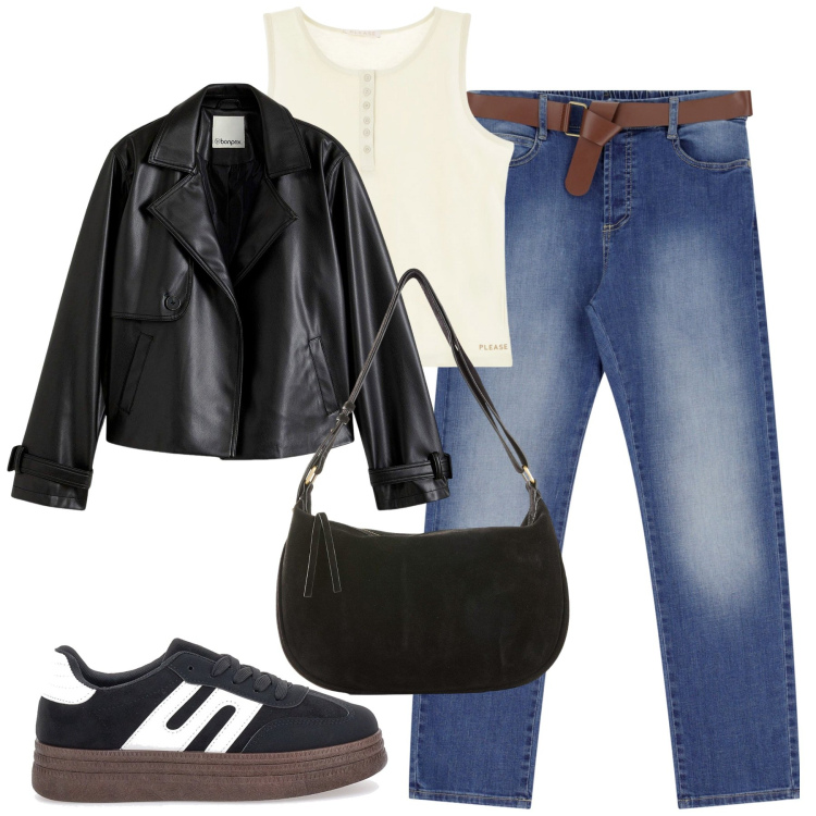 Outfit donna - Settembre. Stile Casual chic per Tutti i giorni. Abbinamento con borse a mano, trench, jeans dritti, canottiere, sneakers.