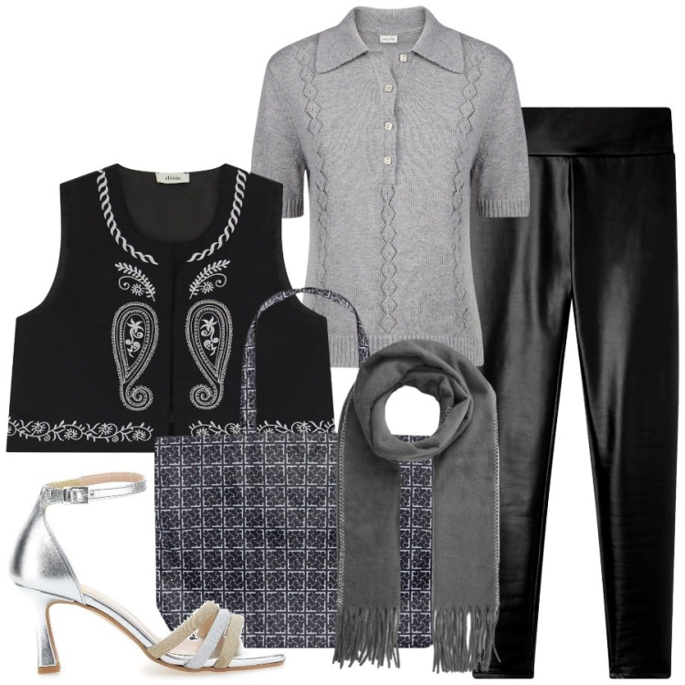 Outfit donna - Un lavoro creativo. Stile Sporty chic per Tutti i giorni. Abbinamento con sciarpe, leggings, gilet, sandali col tacco, polo, shopping bag.