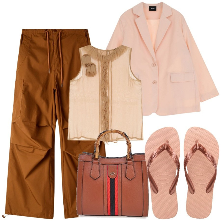 Outfit donna - Havajanas in città. Stile Sporty chic per Tutti i giorni. Abbinamento con pantaloni cargo, blazer, top, ciabatte, borse a tracolla.