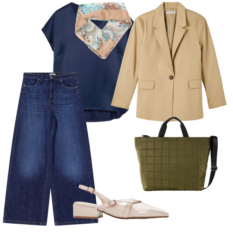 Outfit donna - Blazer season. per Tutti i giorni. Abbinamento con décolleté, shopping bag, blazer, jeans, foulard, t-shirt.