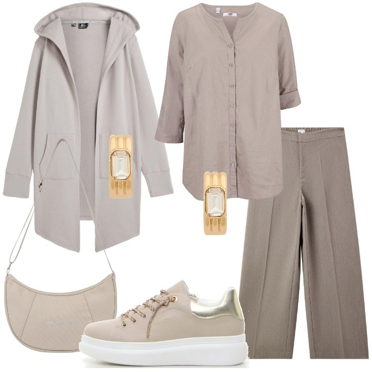 Outfit donna - Minimal chic autunnale Donna Curvy. Stile Minimal per Tutti i giorni. Abbinamento con blazer, camicie, pantaloni, borse a spalla, orecchini, sneakers.