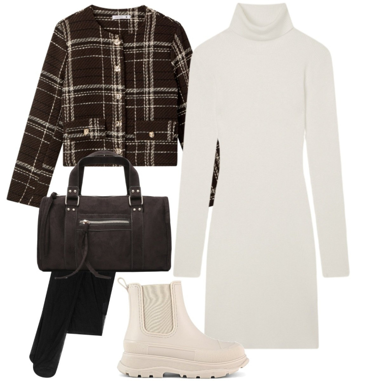 Outfit donna - Il ritorno del tartan - curvy. Stile Casual chic per Ufficio. Abbinamento con collant, vestiti corti, blazer, borse a mano, stivali.