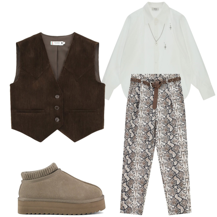 Outfit donna - Total look #2240302. Stile Trendy per Tutti i giorni. Abbinamento con gilet, pantaloni, camicie, sabot.