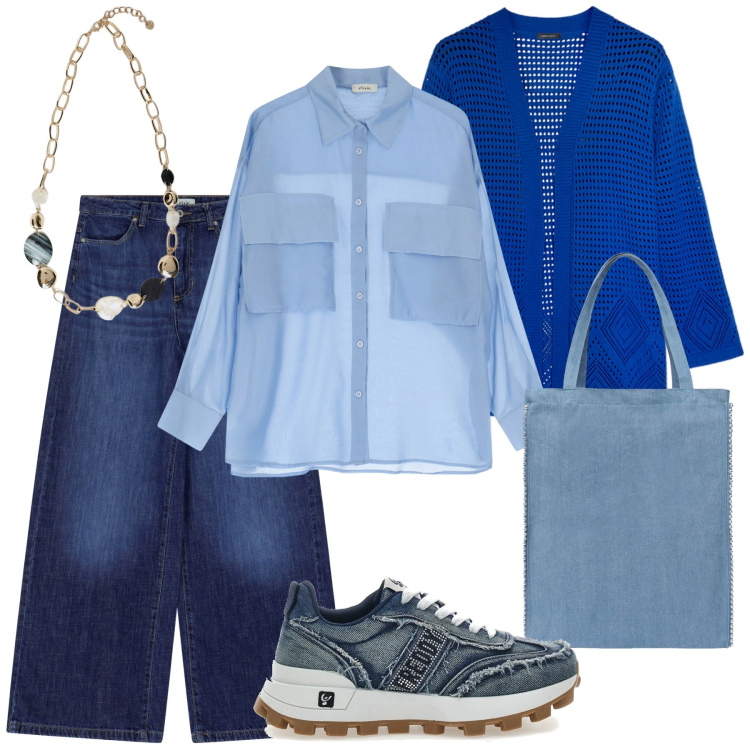 Outfit donna - Total look #2240304. Stile Casual per Tutti i giorni. Abbinamento con borse tote, jeans, camicie, cardigans, collane, sneakers.