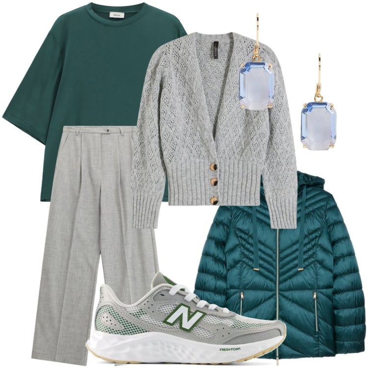 Outfit donna - Un pomeriggio tra amiche. Stile Casual chic per Tutti i giorni. Abbinamento con cardigans, sneakers, pantaloni, top, orecchini, piumini.