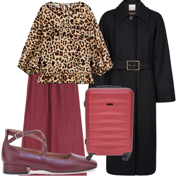 Outfit donna - Imbarco. Stile Urban per Tutti i giorni. Abbinamento con bluse, pantaloni a palazzo, valigie, ballerine, cappotti.