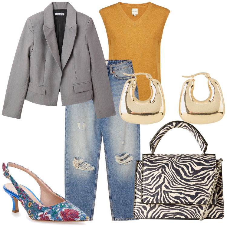 Outfit donna - Accessori originali e jeans used. Stile Glamour per Ufficio. Abbinamento con orecchini, blazer, borse a tracolla, jeans mom, maglieria, décolleté.