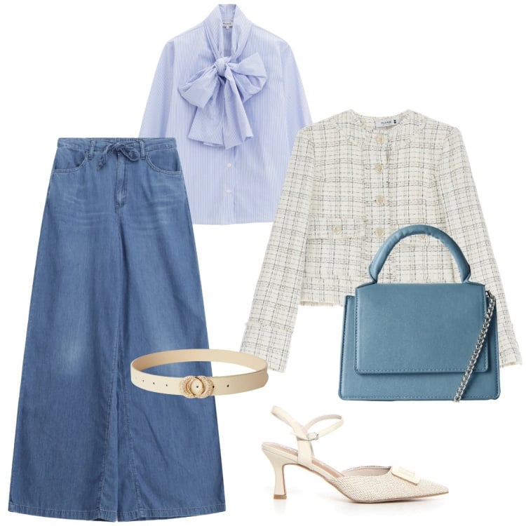 Outfit donna - Total look #2240316. Stile Casual chic per Tutti i giorni. Abbinamento con borse a tracolla, cinture, camicie, blazer, jeans, sandali col tacco.