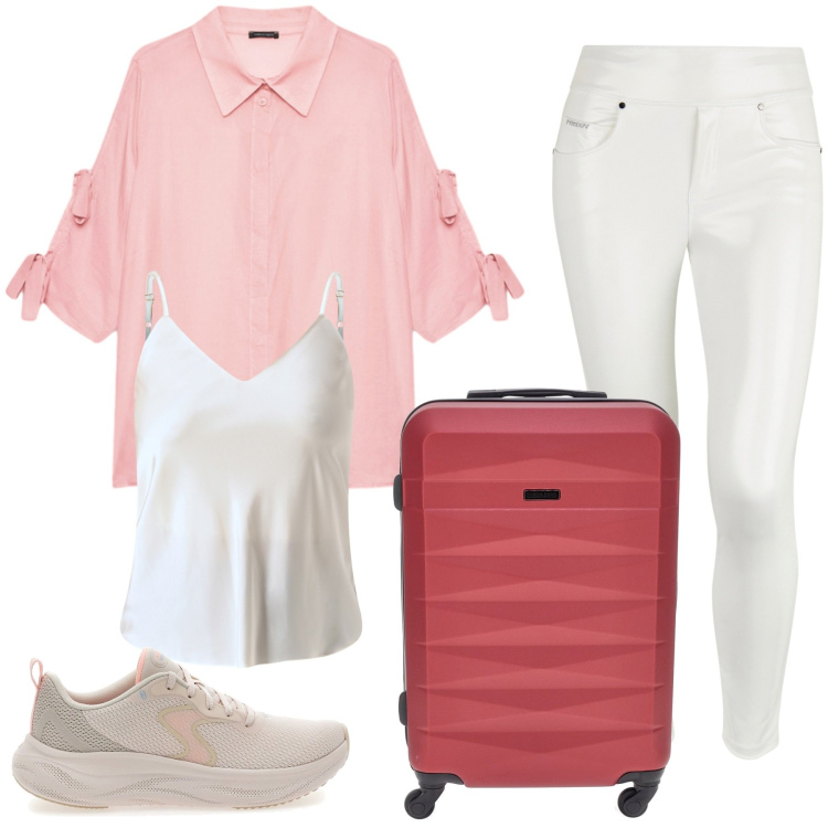 Outfit donna - Total look #2240322-2. Stile Trendy per Ufficio. Abbinamento con top, pantaloni skinny, sneakers, valigie, camicie.