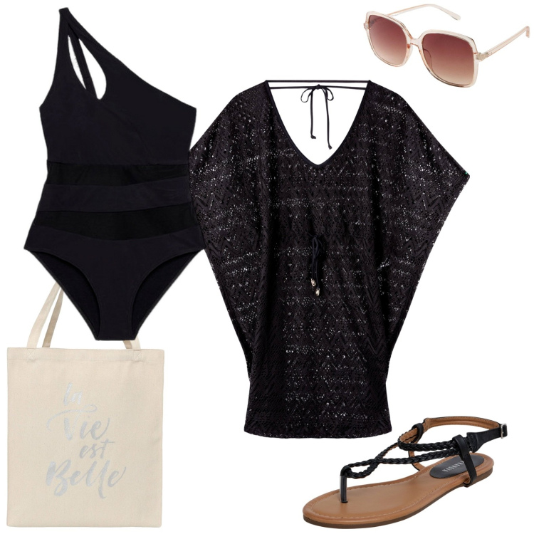 Outfit donna - Mi godo il mare a settembre. Stile Boho per Mare. Abbinamento con occhiali da sole, ciabatte, borse tote, vestiti da spiaggia, costumi interi.