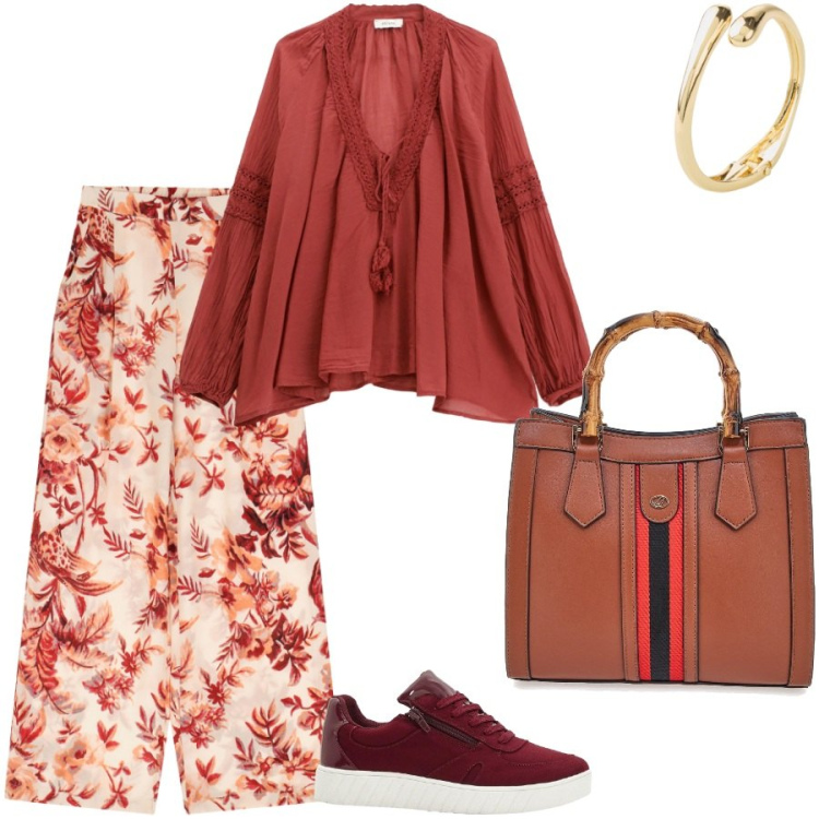 Outfit donna - Blusa color mattone. Stile Boho per Ufficio. Abbinamento con braccialetti, sneakers, camicie, pantaloni, borse a tracolla.