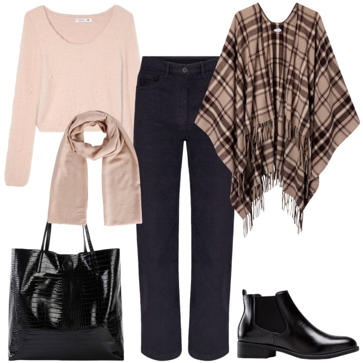 Outfit donna - Il poncho a quadri. Stile Casual chic per Ufficio. Abbinamento con stivaletti chelsea, shopping bag, cappotti, foulard, maglieria, pantaloni.