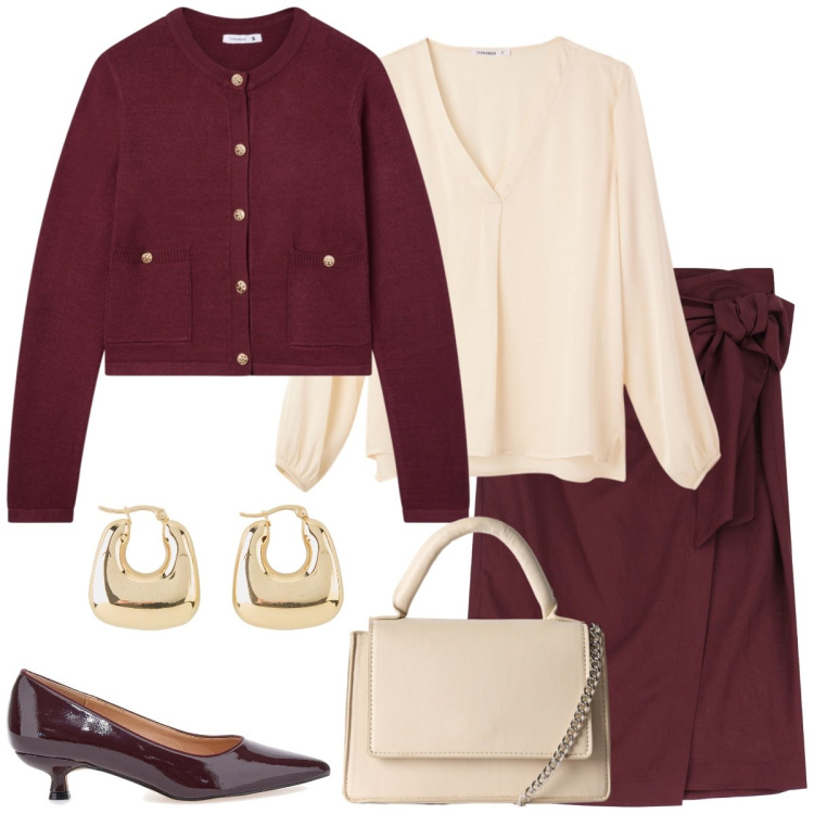 Outfit donna - Il colore di tendenza. Stile Trendy per Tutti i giorni. Abbinamento con orecchini, borse a tracolla, cardigans, bluse, gonne longuette, décolleté.