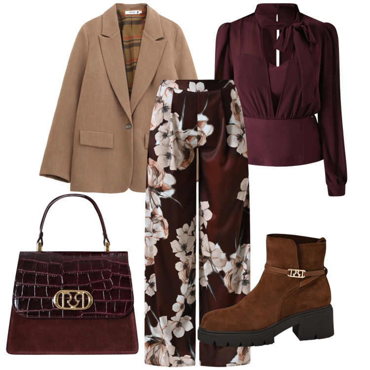 Outfit donna - Eleganza per pomeriggio in centro. Stile Glamour per Tutti i giorni. Abbinamento con stivaletti, bluse, pantaloni a palazzo, borse a mano, blazer.